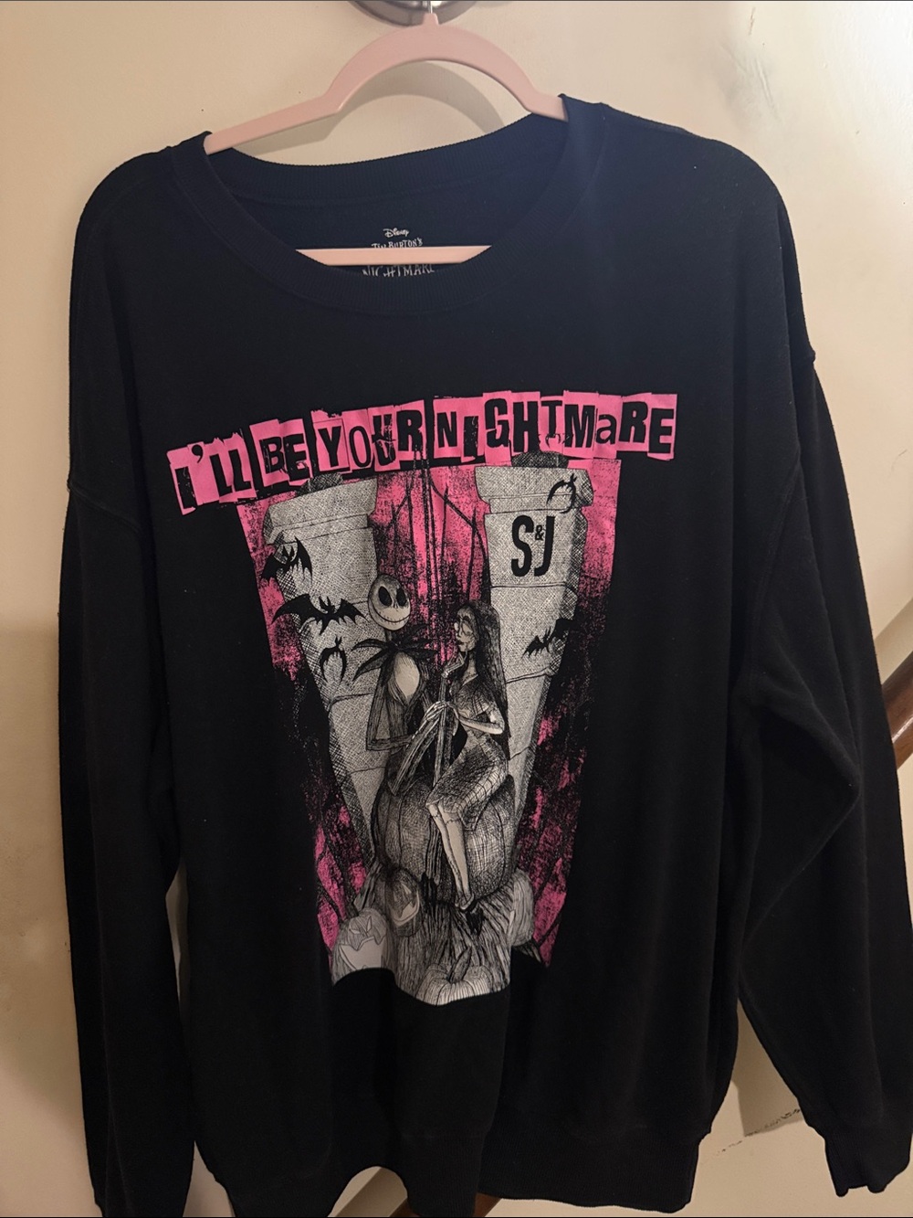 Disney Women's Black Sweatshirt with Pink & Gray Nightmare Graphic